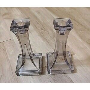 (2) Antique LE Smith #500 Purple Square Sleek Glass Candlesticks c1921-1941,SEE